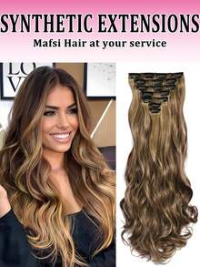 Extensiones de cabello sintético negro ondulado de 22 pulgadas y 7 piezas con clip invisible, para uso diario - Multicolor - Ver 9