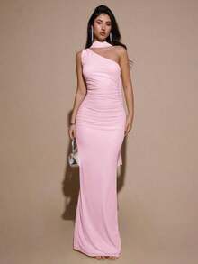 Vestido de malla ajustado con drapeado asimétrico, elegante y sexy vestido de gala para fiesta, boda, cumpleaños, Navidad, Halloween - Amarillo claro - Rosa Pálido - Ver 3