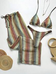 Swim Chiccia Conjunto de bikini a rayas sexy para mujer con pantalones, nueva llegada de trajes de baño para mujer 2026, adecuado para la escuela, vacaciones, citas, té de la tarde, estilo occidental, cruceros, playa, isla, viajes por carretera, todas las estaciones, festivales de música, vacaciones bohemias, vacaciones bohemias, otoño relajado, estilo occidental bohemio, blusas elegantes para mujer - Multicolor 9 - Ver 1