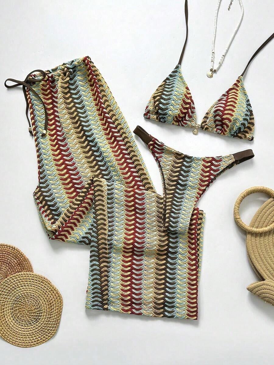 Swim Chiccia Conjunto de bikini a rayas sexy para mujer con pantalones, nueva llegada de trajes de baño para mujer 2026, adecuado para la escuela, vacaciones, citas, té de la tarde, estilo occidental, cruceros, playa, isla, viajes por carretera, todas las estaciones, festivales de música, vacaciones bohemias, vacaciones bohemias, otoño relajado, estilo occidental bohemio, blusas elegantes para mujer - Multicolor 9 - Ver 1