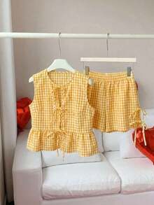 Set de 2 piezas de ropa de mujer con top tipo camiseta con cordones y shorts a cuadros, ideal para el Día de San Valentín - Amarillo - Ver 4