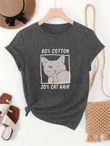 Women's Short-Sleeved T-Shirt With Round Neck And Cat Hair Print, 80% Cotton 20% Polyester, Casual Summer Style. - 黑色 - 查看 9