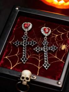 1 Đôi bông tai thủy tinh đính đá lấp lánh cao cấp theo phong cách Gothic Châu Âu và Mỹ, thiết kế hình thánh giá và trái tim, thời trang tối giản dành cho phụ nữ, thích hợp làm quà tặng hàng ngày, đi nghỉ mát hoặc dịp lễ. - Bạc + Đen - Xem 3