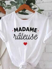 Women's 100% Cotton Plus Size Round Neck T-Shirt, Printed With Humorous And Self-Deprecating Text In French "MADAME Râleuse", For Spring-Summer, Casual Daily Use. - White - View 3