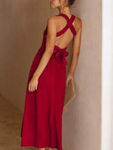 Sleeveless Boat Neck Dress In Solid Cotton Linen With Open Back, Elegant And Sensual European Style For Summer - Red - View 2