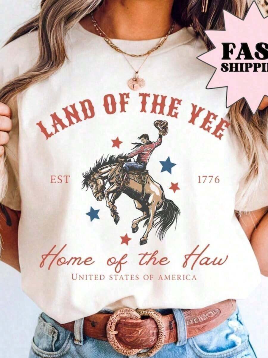 1 camiseta del 4 de julio, camiseta de EE. UU., camiseta del 4 de julio, camiseta Yee Haw, camiseta de vaquero, camiseta occidental del 4 de julio, camiseta Land Of The Yee, camiseta de algodón 100% de manga corta, camiseta clásica de algodón grueso con estampado gráfico, top casual de manga corta para mujer, nueva camiseta elegante, camisetas casuales de manga corta para hombre y mujer, 180g de algodón 100%. - Blanco - Ver 1