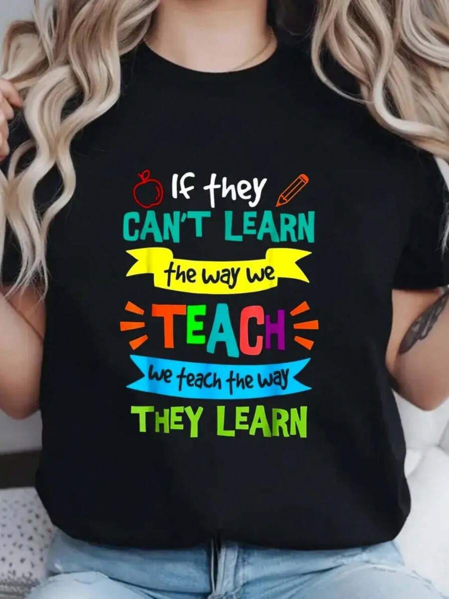 Camiseta de tela suave con estampado de letras y anime a la moda, camiseta de algodón puro de cuello redondo para mujer, diseño sencillo, cómoda y transpirable, adecuada para el uso diario informal, que muestra un estilo natural y elegante, imprescindible para fiestas de verano, entrega local. Camiseta de moda. - Negro - Ver 1