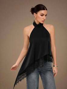 Tall Top de camisola sin espalda con adorno de encaje elegante, blusa sin mangas de satén con parches sexy para fiestas, cócteles, ocasiones formales, Navidad, casual de negocios - Negro - Ver 7