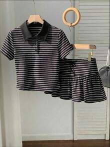 Conjunto de 2 piezas de camiseta de manga corta a rayas y minifalda de moda casual para mujer, primavera/verano 2026.Ropa de mujer de verano, conjunto de playa para el Día de San Valentín, estilo Y2K en color rosa claro - Blanco y Negro - Ver 3