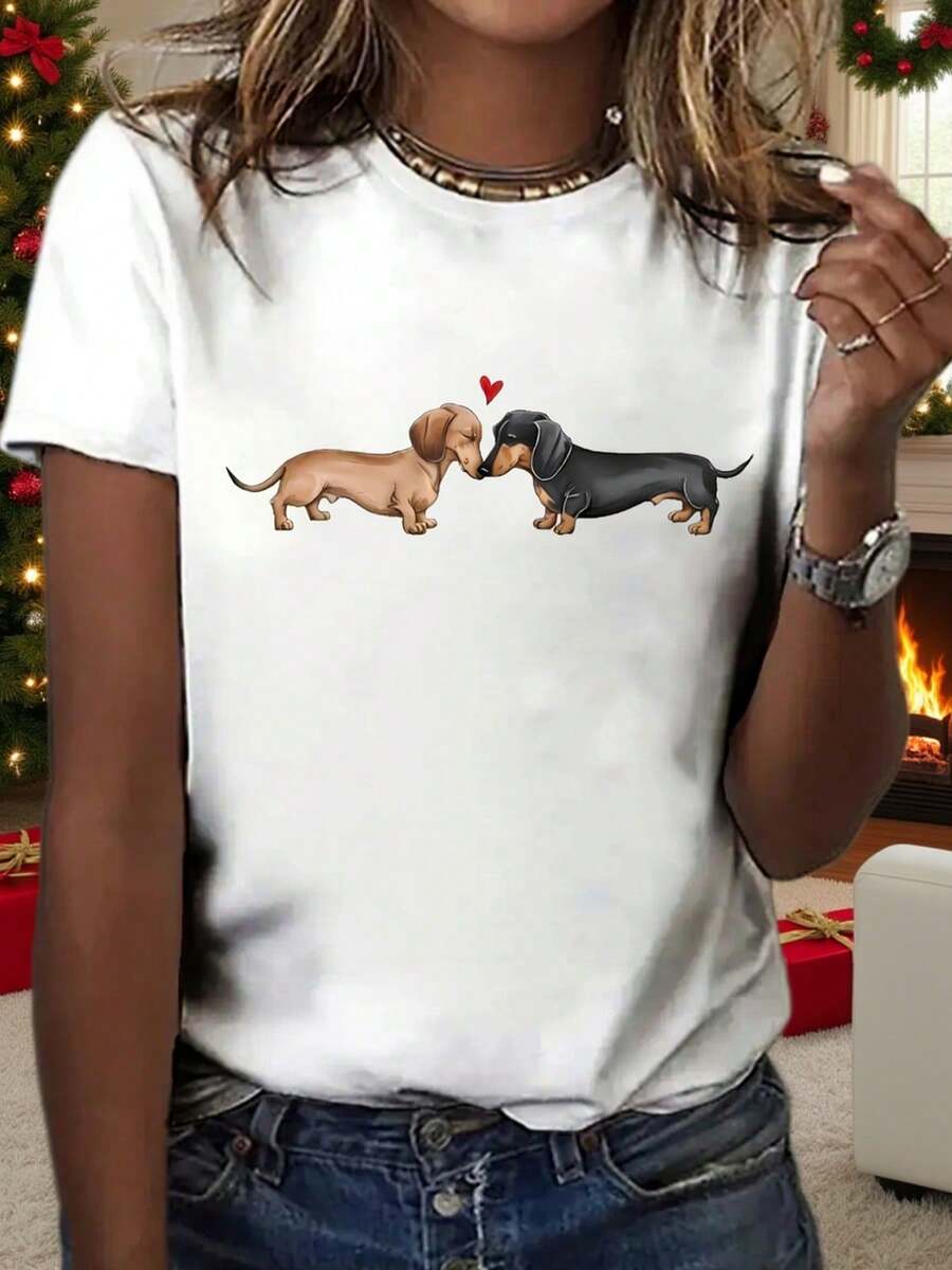 Camiseta Casual de Manga Corta para Mujer con Cuello Redondo - Estampado de Dos Perros Adorables, Suave y Lavable aáquina, Accesorio Temático de Mascotas para Looks de Todo el Año (No-) - Blanco - Ver 1