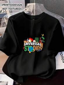 Camiseta de manga corta estampada de algodón puro para mujer, camiseta de moda para mujer Meiling Xiangdong con diseño estampado de arquitectura de dibujos animados de Universal Studios y patrón de la tierra, cuello redondo, estilo casual para todas las estaciones. - Negro - Ver 1