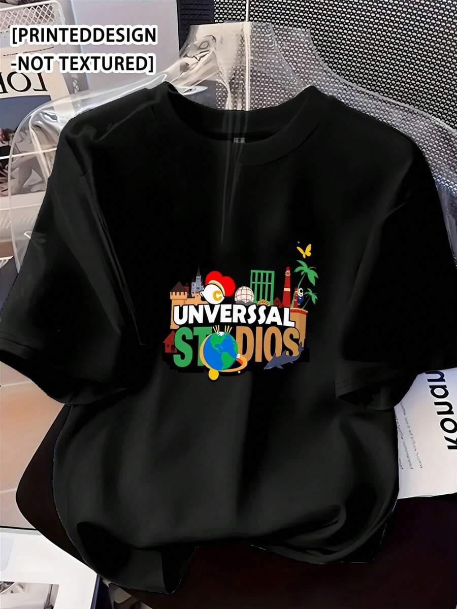 Camiseta de manga corta estampada de algodón puro para mujer, camiseta de moda para mujer Meiling Xiangdong con diseño estampado de arquitectura de dibujos animados de Universal Studios y patrón de la tierra, cuello redondo, estilo casual para todas las estaciones. - Negro - Ver 1