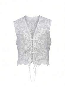 Áo kiểu Boho thanh lịch màu trắng ren buộc dây phía trước, áo vest hoa mùa hè sang trọng cho kỳ nghỉ biển và đi chơi. Áo kiểu không tay cao cấp cho các bữa tiệc. - trắng - Xem 6