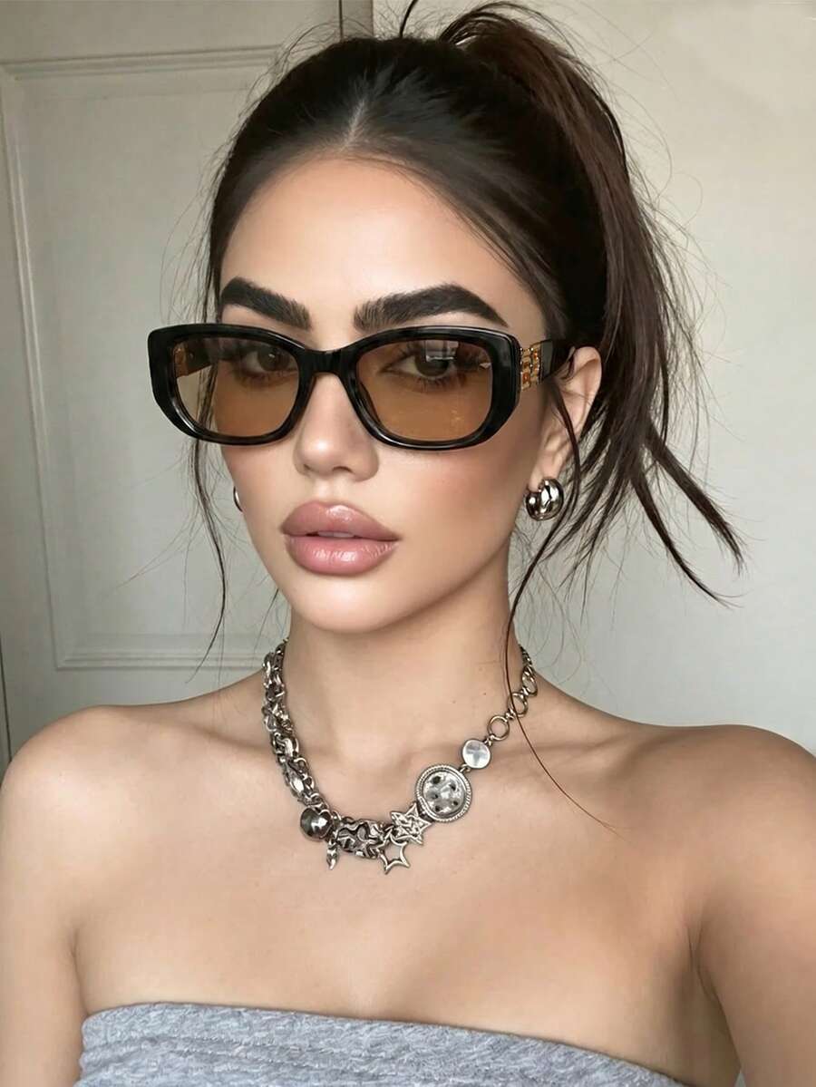Unisex Retro Rectangular Plastic Sunglasses, Classic Design For Outdoor Travel, Beach, Casual Wear, Summer Sun Protection, Driving, UV Protection - Black - View 1