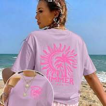 Camiseta deportiva casual versátil de verano para mujer, con estampado de palmeras y sol, estilo vintage dulce y fresco, ideal para vacaciones en la playa, uso diario en casa, salidas o como regalo de moda. - Albaricoque - Ver 7