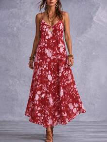 Spring/Summer Plus Size Women's Elegant Floral Print Spaghetti Strap V-Neck Dress With 3/4 Sleeve Sheer Cardigan Two Pieces Set Vacation - Red - View 4