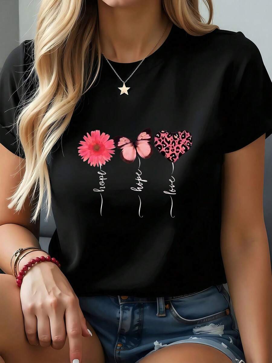 Camiseta de manga corta para mujer, nueva prenda de verano con estampado y cuello redondo. Modelo básico, cómoda y ligera, estilo juvenil, combina con todo y es ideal para looks casuales. - Negro - Ver 1