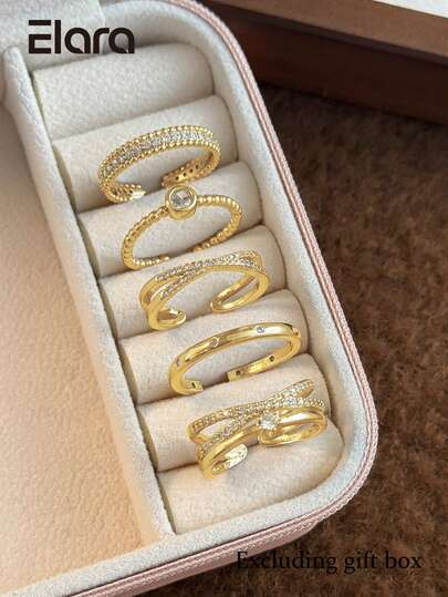 Bộ 5 chiếc nhẫn sang trọng thiết kế hình học đan chéo, đính đá Cubic Zirconia, kiểu dáng thanh lịch và thời trang dành cho nữ, phù hợp để đeo hàng ngày, dự tiệc hoặc làm quà tặng ngày lễ.