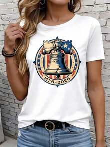 Camiseta suave 100% algodón, Liberty Bell 1776 2026, Día de la Independencia, Bandera Patriótica Americana, Camiseta para Mujer, 220g, Camiseta de Algodón Transpirable, Combina con Todo, Coolcool - Blanco - Ver 6