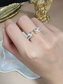 Bộ 2 chiếc nhẫn vàng cá nhân hóa hình giọt nước oval thanh lịch, có thể mở được, kiểu dáng tối giản, đa năng, có thể điều chỉnh kích thước, phù hợp cho phụ nữ đeo hàng ngày, lễ hội, dự tiệc và đi nghỉ mát. - bộ nhẫn - Xem 3