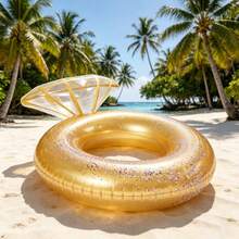 1 pieza Flotador inflable con forma de anillo de diamante plegable, con múltiples estilos disponibles, portátil con válvula de inflado rápido, hamaca de agua con brillo para piscina, playa, vacaciones, diseño ligero - Dorado - Ver 6