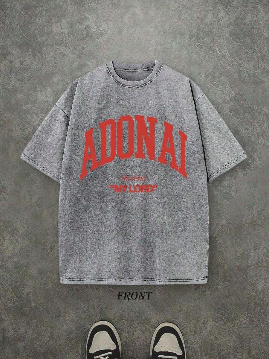Retro Washed T-Shirt, Single-Sided Print (230 Pure Cotton T-Shirt) 'ADONAI MY LORD' Letter And Pattern Print, Men's T-Shirt, Casual Men's Shirt, Comfortable, Fashionable T-Shirt, Cotton Streetwear - 灰色 - 查看 1