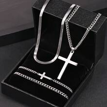 Set Gelang & Kalung Salib Stainless Steel 4 Buah, Gaya Minimalis dan Modis, Cocok untuk Pemakaian Sehari-hari, Hadiah - Set Salib Perak 4 Buah - View 7