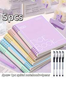 5pcs Set, Includes 1 Spiral Notebook + 4 Pens, A5 Spiral Bound Notebook 60 Sheets/120 Pages - Thick & Colorful Coded Pages - Suitable For University, Diary, Note Taking - Multicolor - View 2