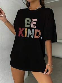 Camiseta de manga corta con estampado BELIND, cuello redondo y talla grande. - Negro - Ver 3