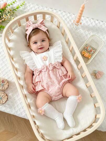 Summer Baby Girls Cute Floral Cap Sleeve Romper With Bow, Floral Knit Socks, And Pink Headband Set