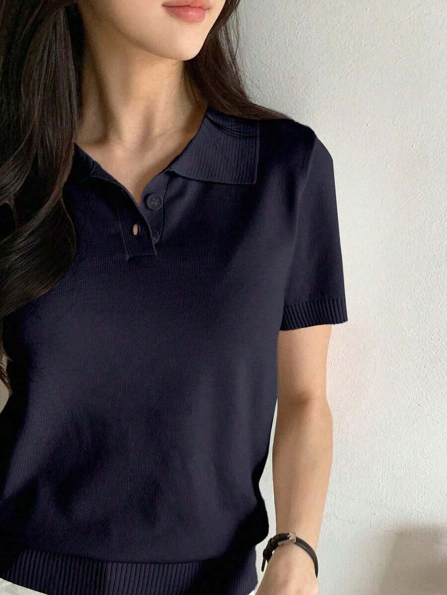Blusa de punto con cuello polo a rayas para Pascua - Azul marino - Ver 1