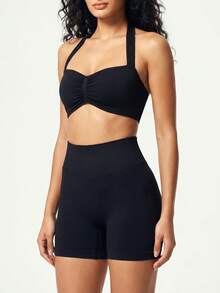 UONNOU Bộ đồ thể thao nữ 2 món, áo bra thể thao crop top dây mảnh hở lưng gợi cảm & quần short cạp cao định hình, phù hợp cho yoga, gym, chạy bộ, tập luyện, mặc thường ngày phong cách casual, mùa xuân/hè - màu đen - Xem 6