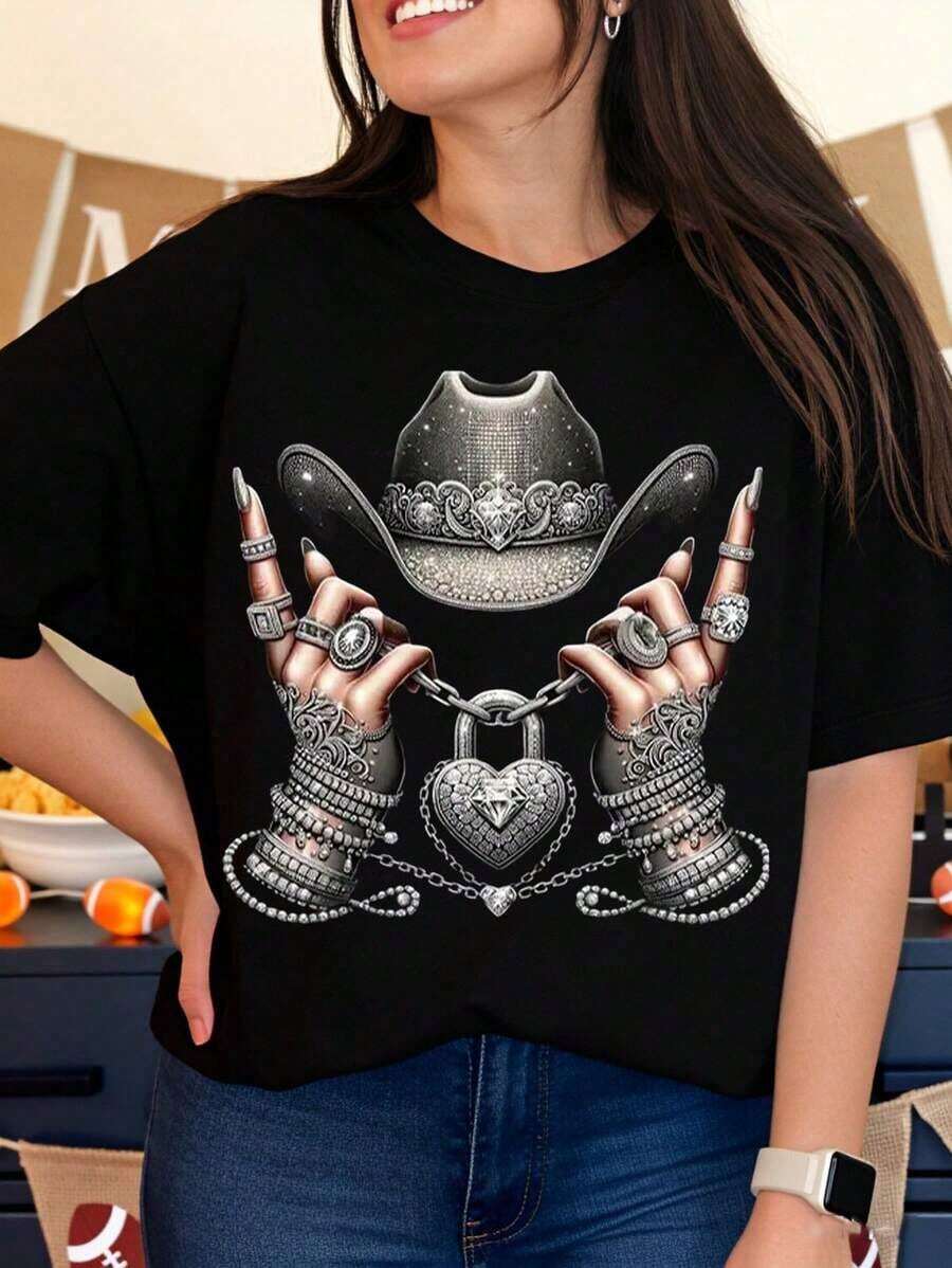 Women's Western Style T-Shirt With Cowboy Hat And Hands With Heart Lock Print, Streetwear, Casual, For Festivals, Parties, Halloween, Birthday Gift. - 黑色 - 查看 1
