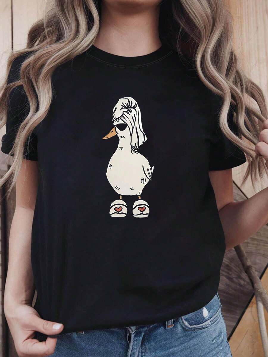 Talla Grande - Talla Grande - Camiseta de Mujer Talla Grande con Estampado Gráfico de Pato Divertido y Extravagante, Manga Corta, Cuello Redondo, Top Casual para Verano y Primavera, Ropa de Mujer - Negro - Ver 1