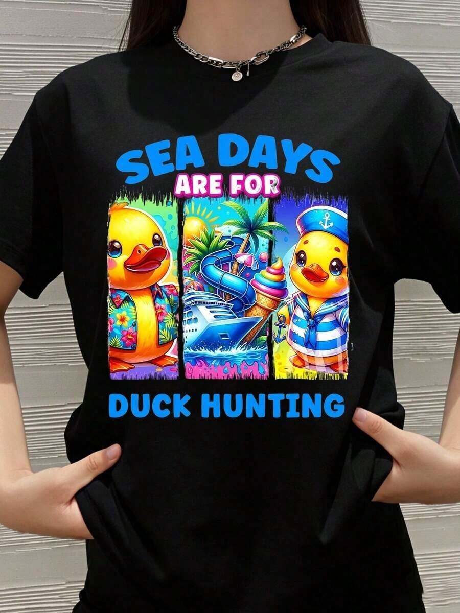 Camiseta de Vacaciones de Verano "Días de Mar son para Cazar Patos" con Diseño de Patos Adorables para la Playa y Viajes Divertidos - Negro - Ver 1