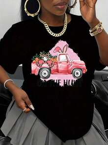 Camiseta gráfica de manga corta para mujer con diseño de camión rosa y conejo de Pascua, estilo casual, para el Festival de Primavera. - Negro - Ver 7
