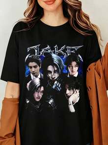 JAKE ENHYPEN K-pop medlem T-shirt, Vintage 90-talsporträtt grafisk T-shirt, Estetisk Metal Logo Idol Foto Merch, ENGENE Fandom Streetwear Unisex, Limited Edition JAKE T-shirt, Retro Bootleg T-shirt, Fan T-shirts, Present till henne - Svart - Visa 6
