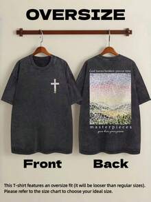Unisex Vintage Washed, Loose-Fitting Black T-Shirt With The Phrase "Christian Faith In Jesus Overcomes Fear", T-Shirt With Biblical Verse,  Vintage Loose-Fitting Unisex T-Shirt, Harajuku Style Cotton T-Shirt. - 黑色 - 查看 4