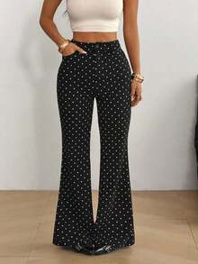 Pantalones negros acampanados casuales de ajuste ceñido con botones delanteros de unicolor para mujer - Negro - Ver 4
