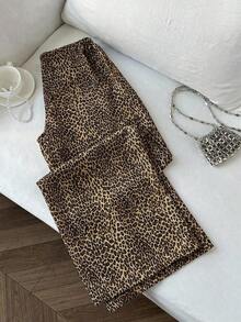 Pantalones anchos de pierna negros con diseño de estampado de leopardo retro elegante, pantalones rectos con cintura elástica con cordón, uso casual, vuelta al colegio - Marrón - Ver 2