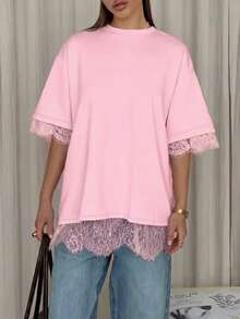 Women's Casual Loose Lace Patchwork Open Back Round Neck Short Sleeve T-Shirt, Solid Color Knit Fabric Lace Patchwork Open Slit Retro Wear Pink Summer - Pink - View 7