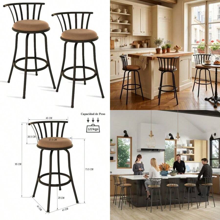 ARREDAMENTI Juego 2 Taburetes Bar Industriales Metal Vintage Asiento Giratorio 360 Grados Altura 95 CM - Negro y Vintage Marrn - Ver 1