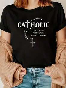Una camiseta de manga corta para mujer, moderna, a la moda, retro, holgada, suave y cómoda, adecuada para actividades al aire libre en primavera y verano, con un estampado de oración católica, cuello redondo y estilo casual.blusas para mujer,blusas casuales para dama,tops,, mujer premium,y2k,playeras de mujer curvy,ofertas y liquidaciones ropa mujer,playeras deportivas para mujer,,playeras de hombre, mujer,blusas>elegante 45PY - Negro - Ver 8