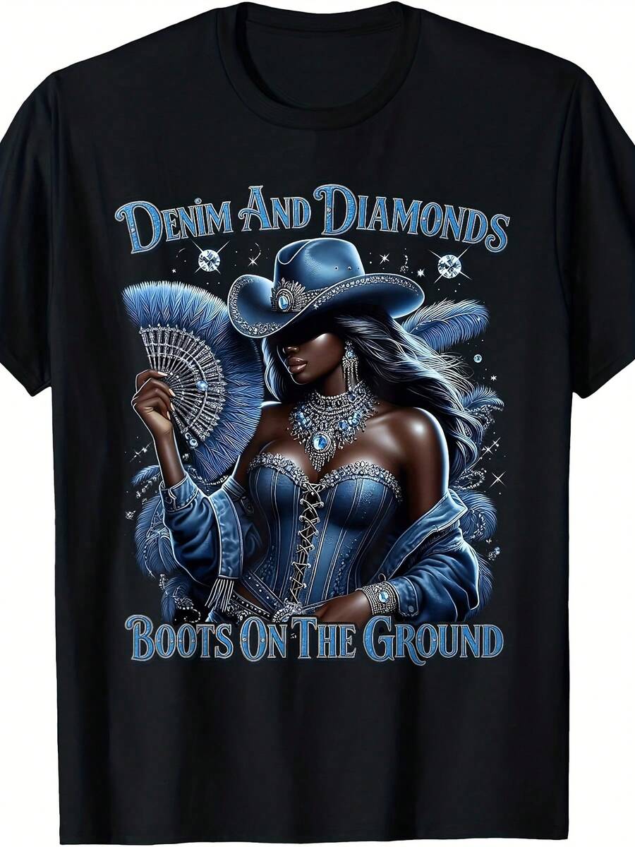 Western Cowboy Boots For Men And Women And Diamond Pattern Denim T-Shirt - Vintage Short Sleeve Crew Neck T-Shirt Made Of 220g Pure Cotton, Suitable For Casual Western Style Outfits, Rodeos And Country Music Festivals. - 黑色 - 查看 1