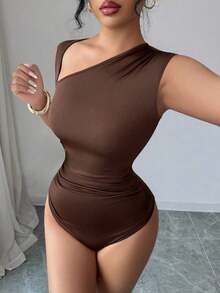 Nuevo body ajustado de mujer de tela elástica de punto con hombros oblicuos sin mangas, casual y elegante, versátil para otoño/invierno - Marrón - Ver 4