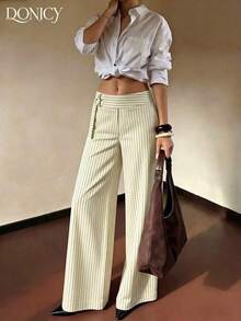 Pantalones anchos de rayas azul marino de moda para mujer, tela con caída, detalles de botón de metal de cintura alta, adecuados para la oficina y ocasiones casuales - Albaricoque - Ver 5