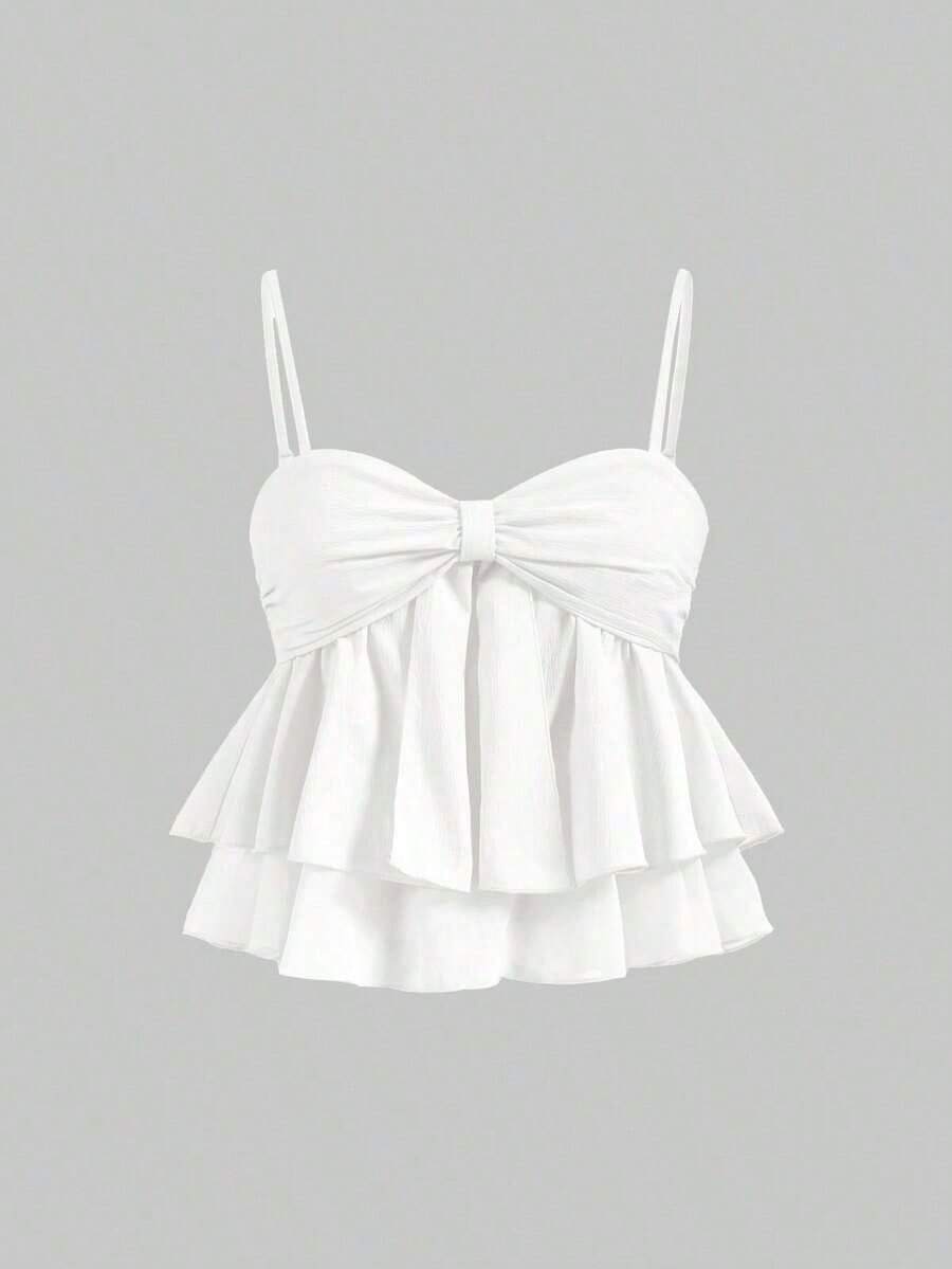 Top de tirantes con volantes y pliegues de color rosa dulce para mujer, top corto de verano - Blanco 2 - Ver 1