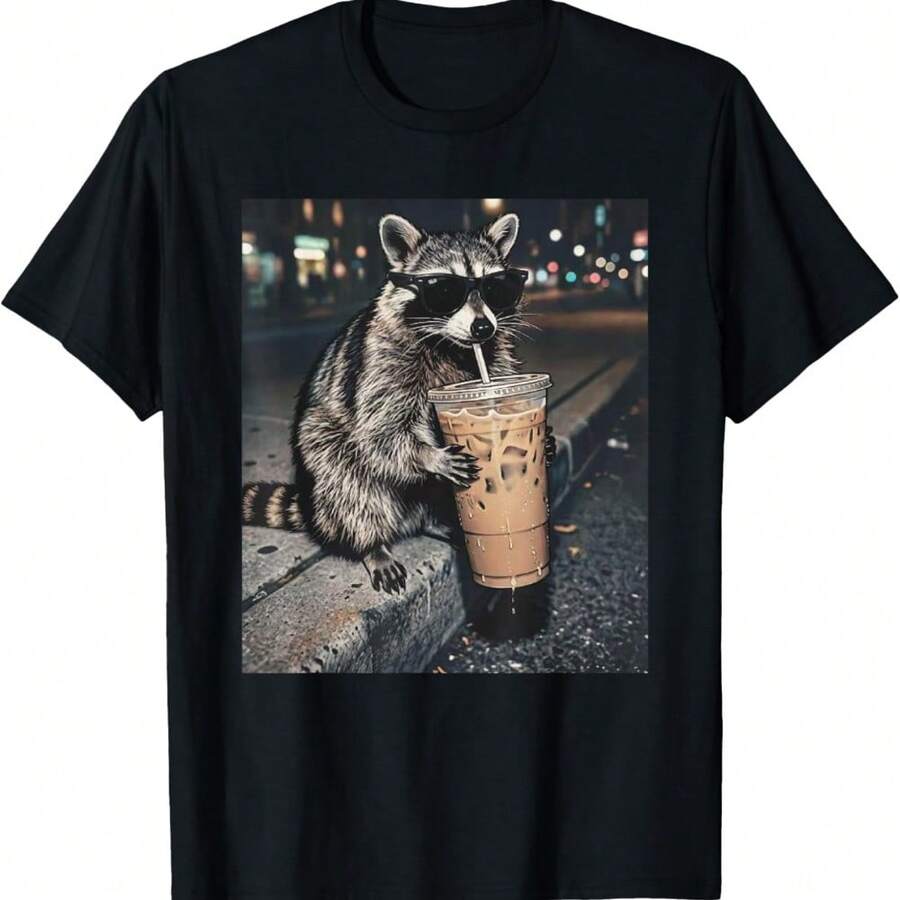 Funny Raccoon Drinking Iced Coffee Meme T-Shirt - Black - View 1