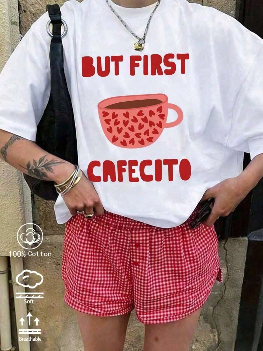 Camiseta para Mujer con Estampado de Taza de Café en Forma de Corazón, Cuello Redondo, Manga Corta, Diseño Casual - Negro - Ver 1