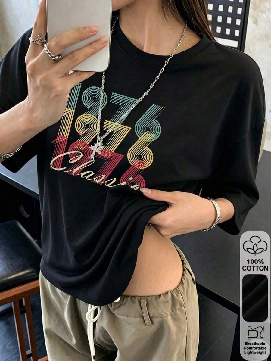 Camiseta para Mujer con Estampado Romántico, Cuello Redondo, Manga Corta, Diseño Oversized, Ideal para San Valentín - Negro - Ver 1